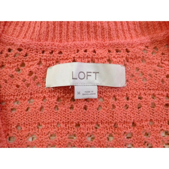 LOFT Coral Open-Work Knit V-neckline Crochet Cardigan Med - Picture 4 of 8